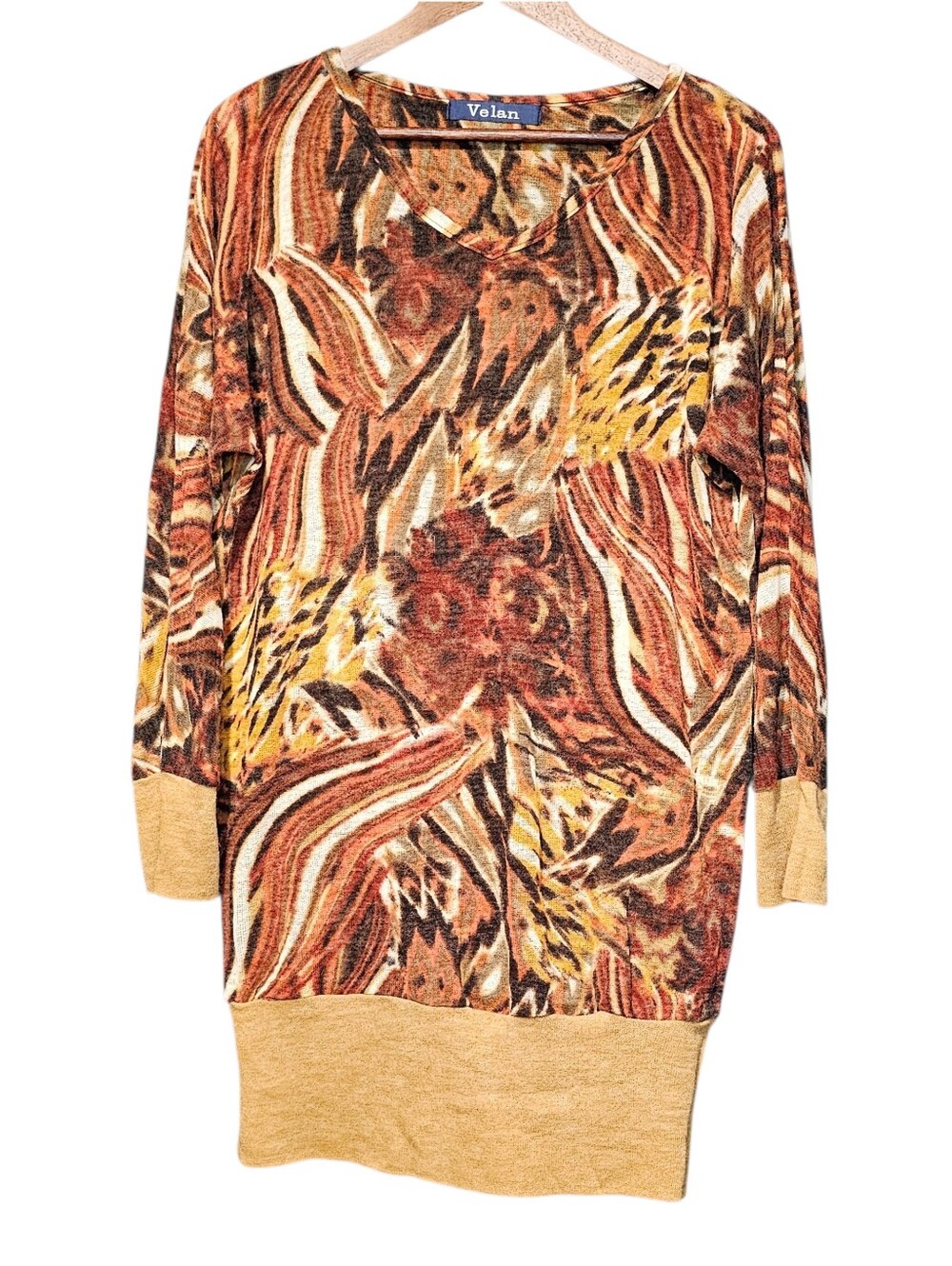 Velan Abstract Animal Print Boho Tunic Sweater Top Earth Tones Mixed Pattern